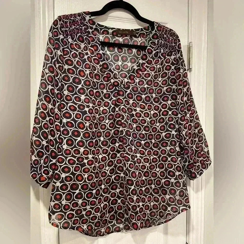 Limited Navy Blue Geometric Sheer V Neck Smock Collar 3/4 Sleeve Blouse Size M